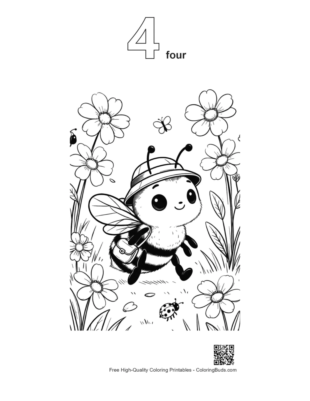 Honey bee coloring page with number 4 outline