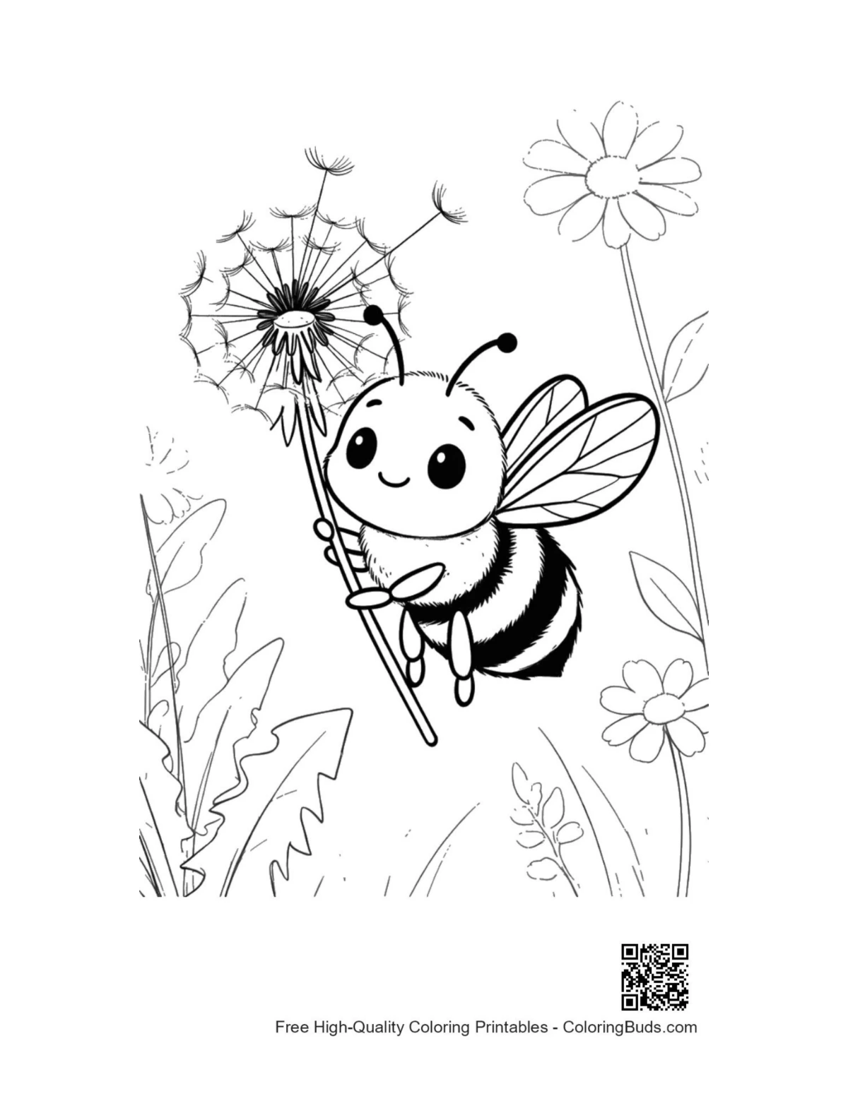 Cute honey bee holding fluffy dandelion printable coloring page