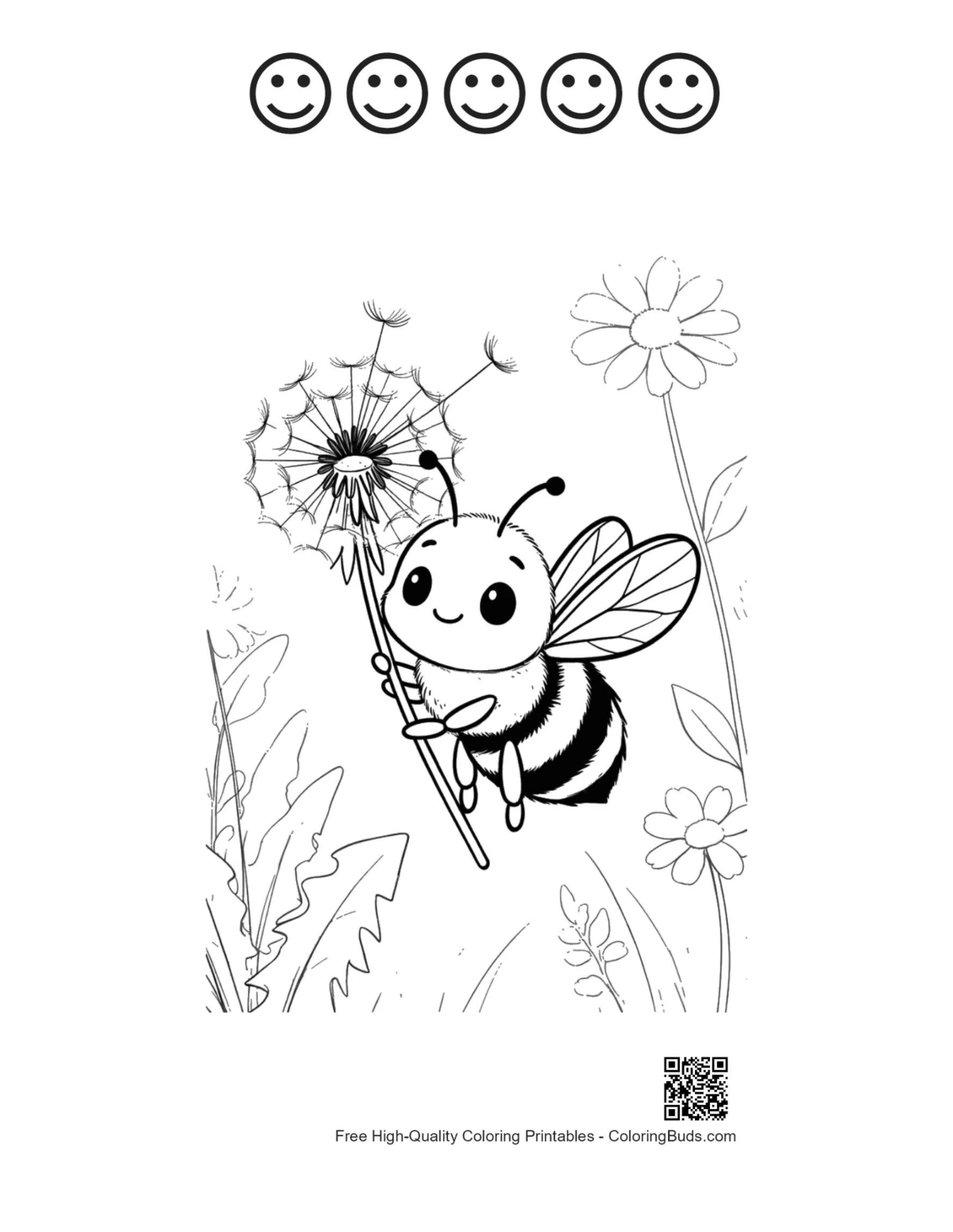 Cute honey bee dandelion with 5 happy faces outline printable