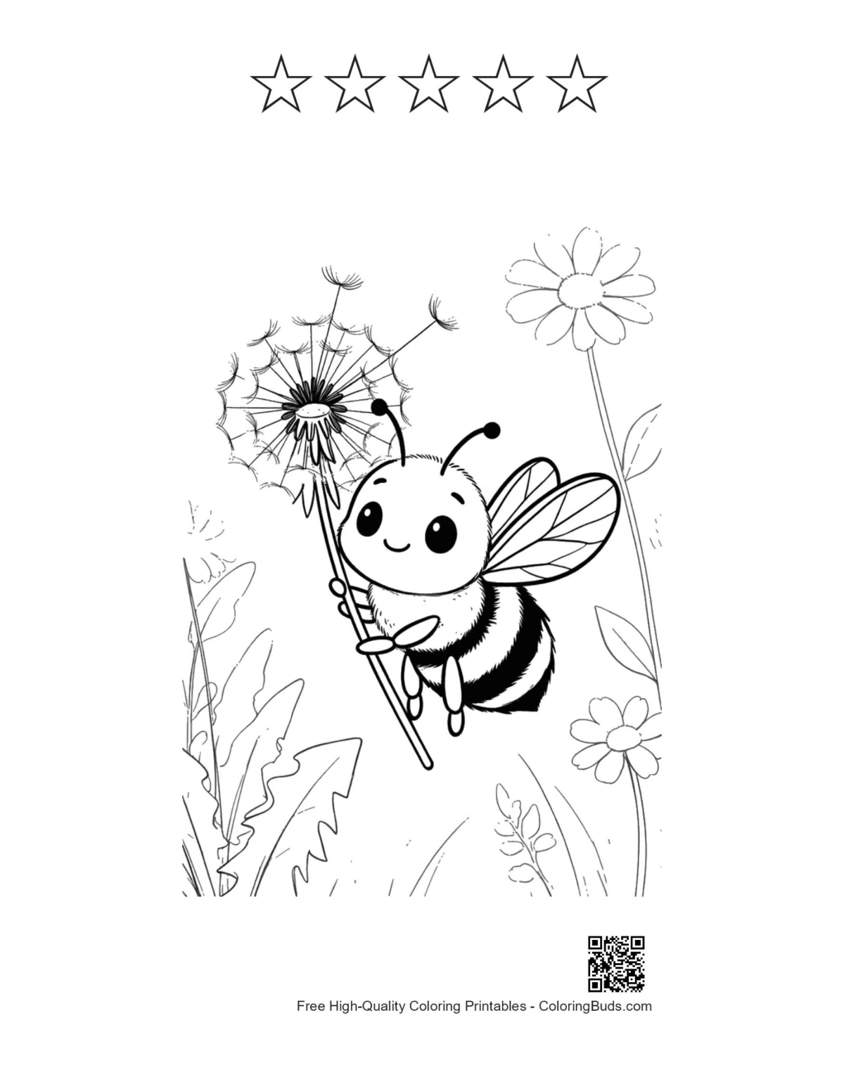 Cute honey bee dandelion printable with 5 star outlines