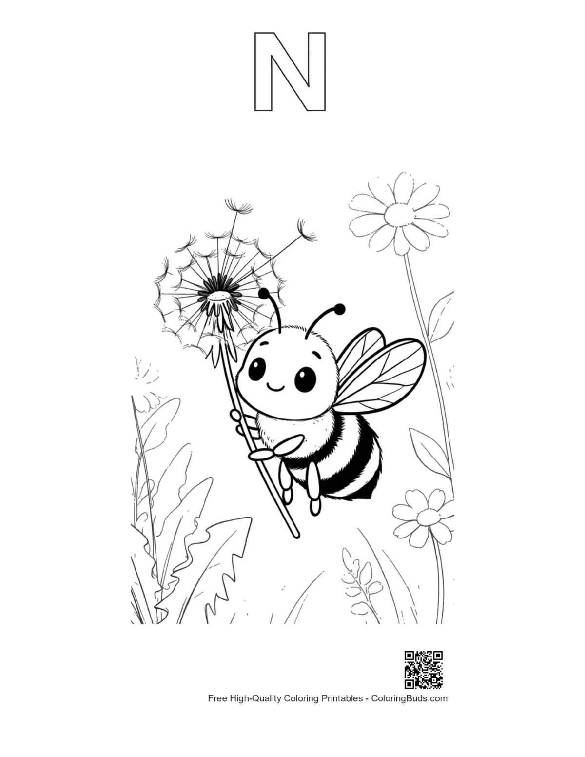Cute honey bee dandelion printable with alphabet N outline