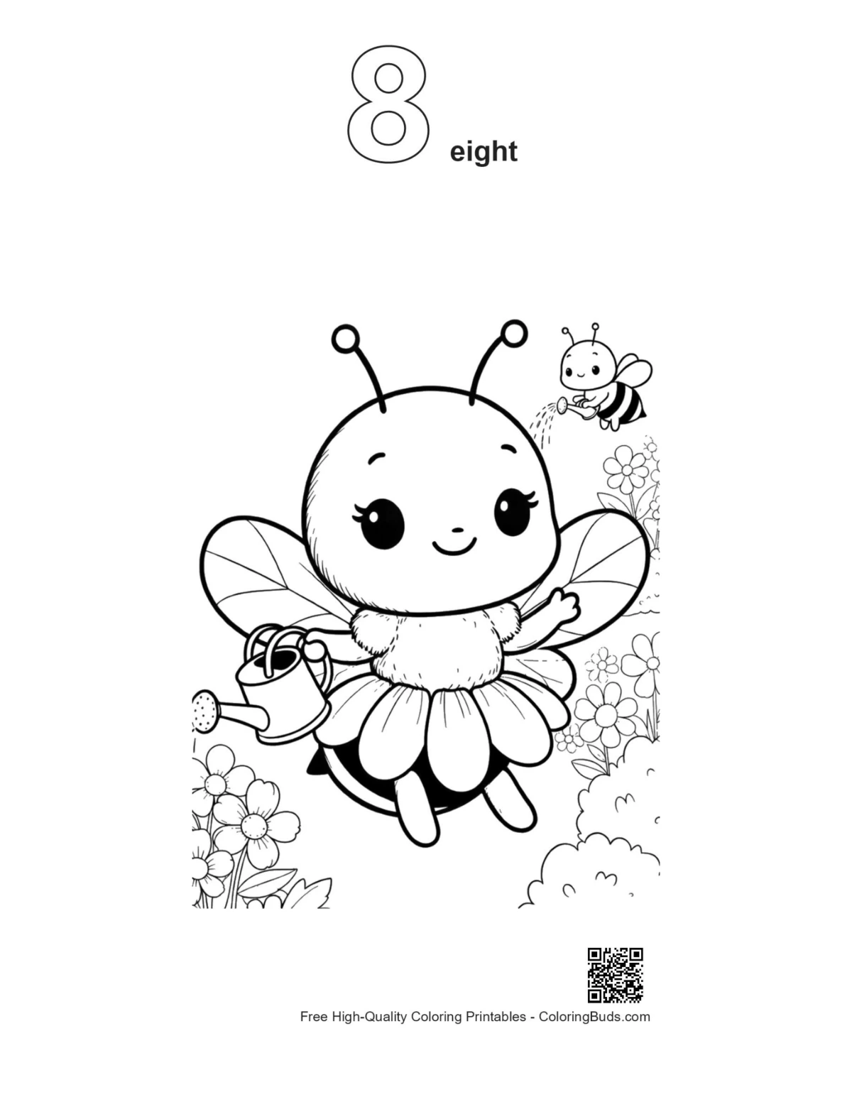 Honey bee holding sunflower petal outline number 8 printable