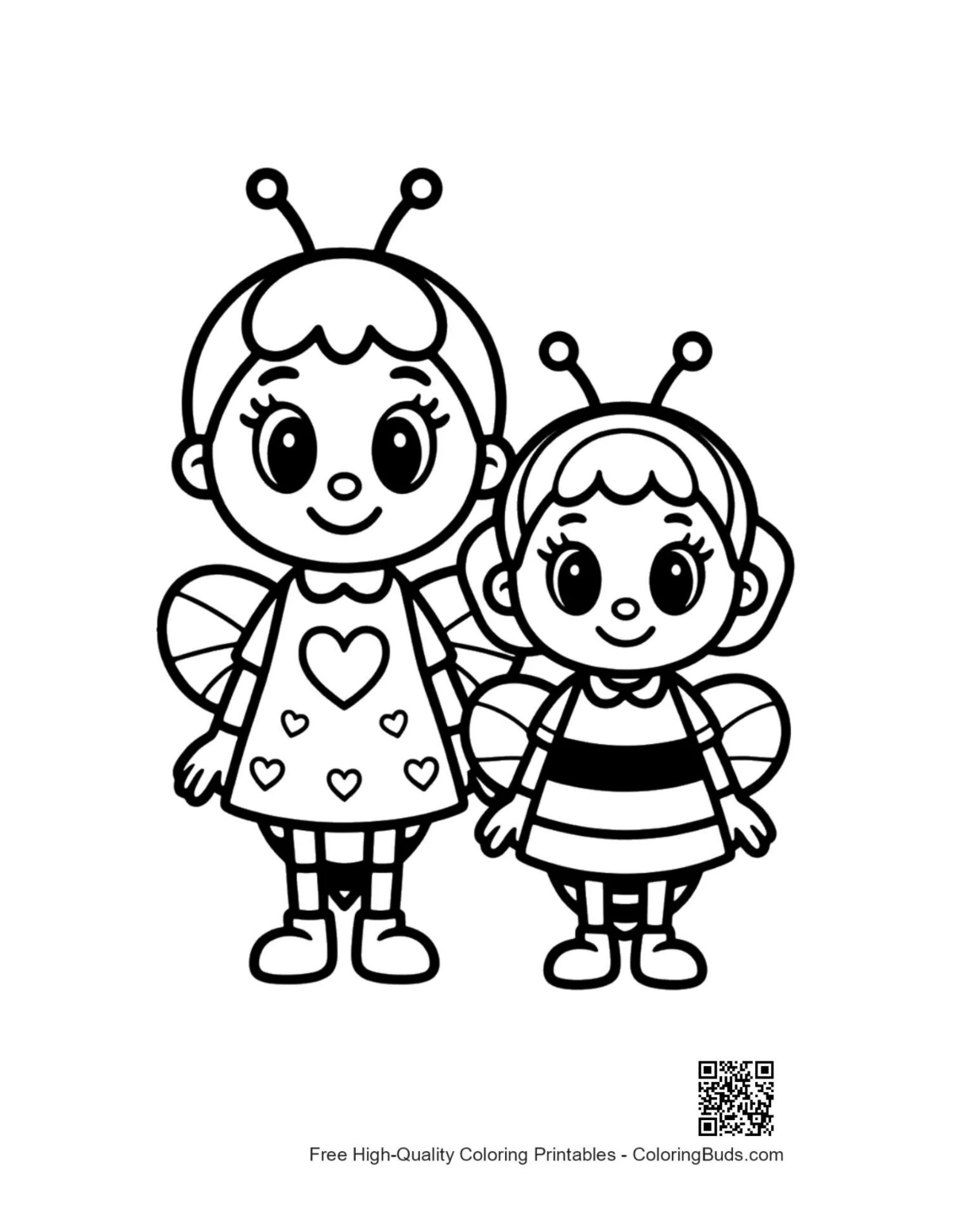Cute mother and baby honey bee outline for coloring