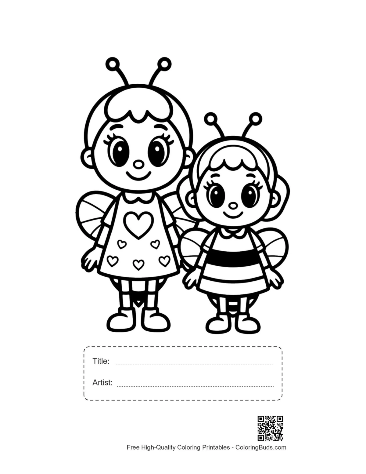 Printable honey bee coloring page with title and artist space