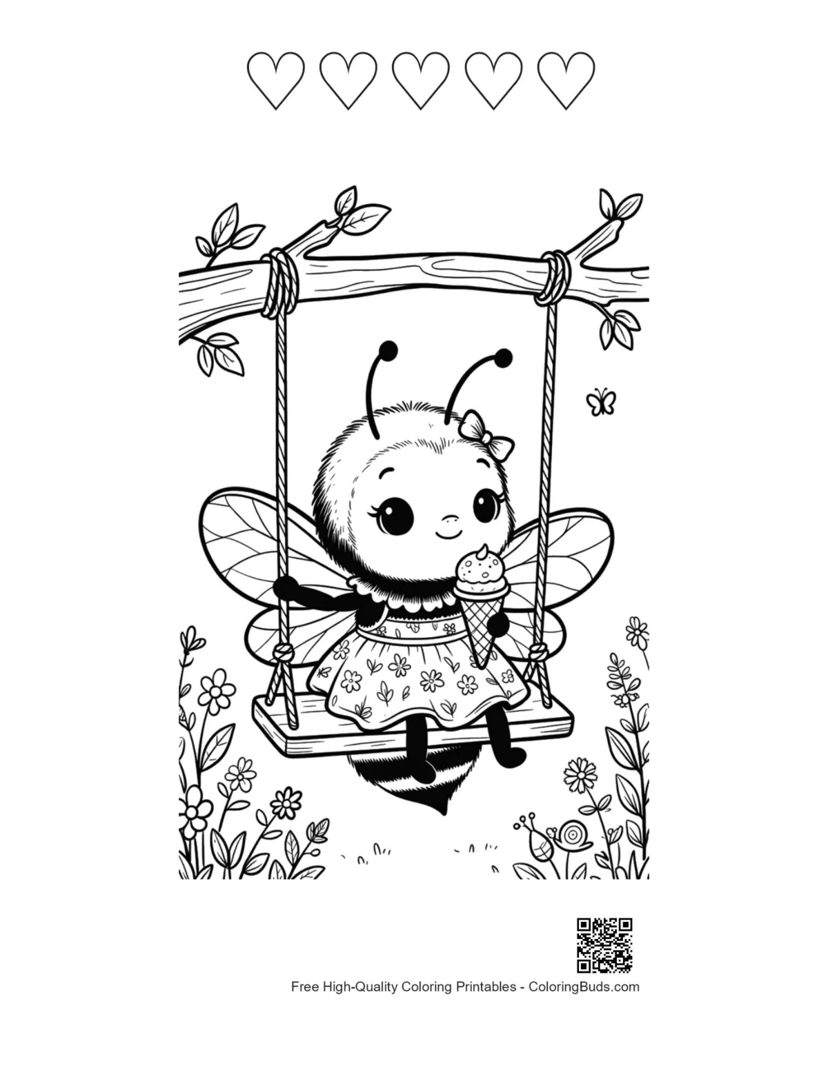 Bumble bee printable with 5 heart outlines