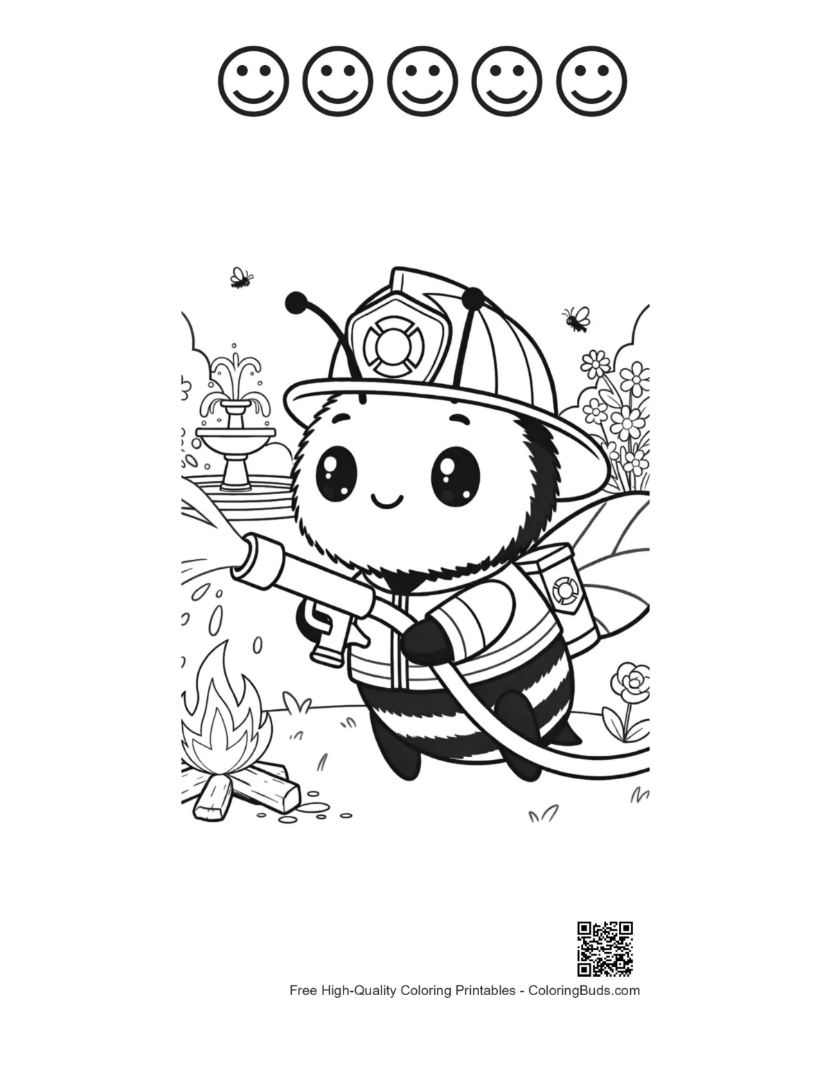 Bumble bee and 5 happy faces coloring printable
