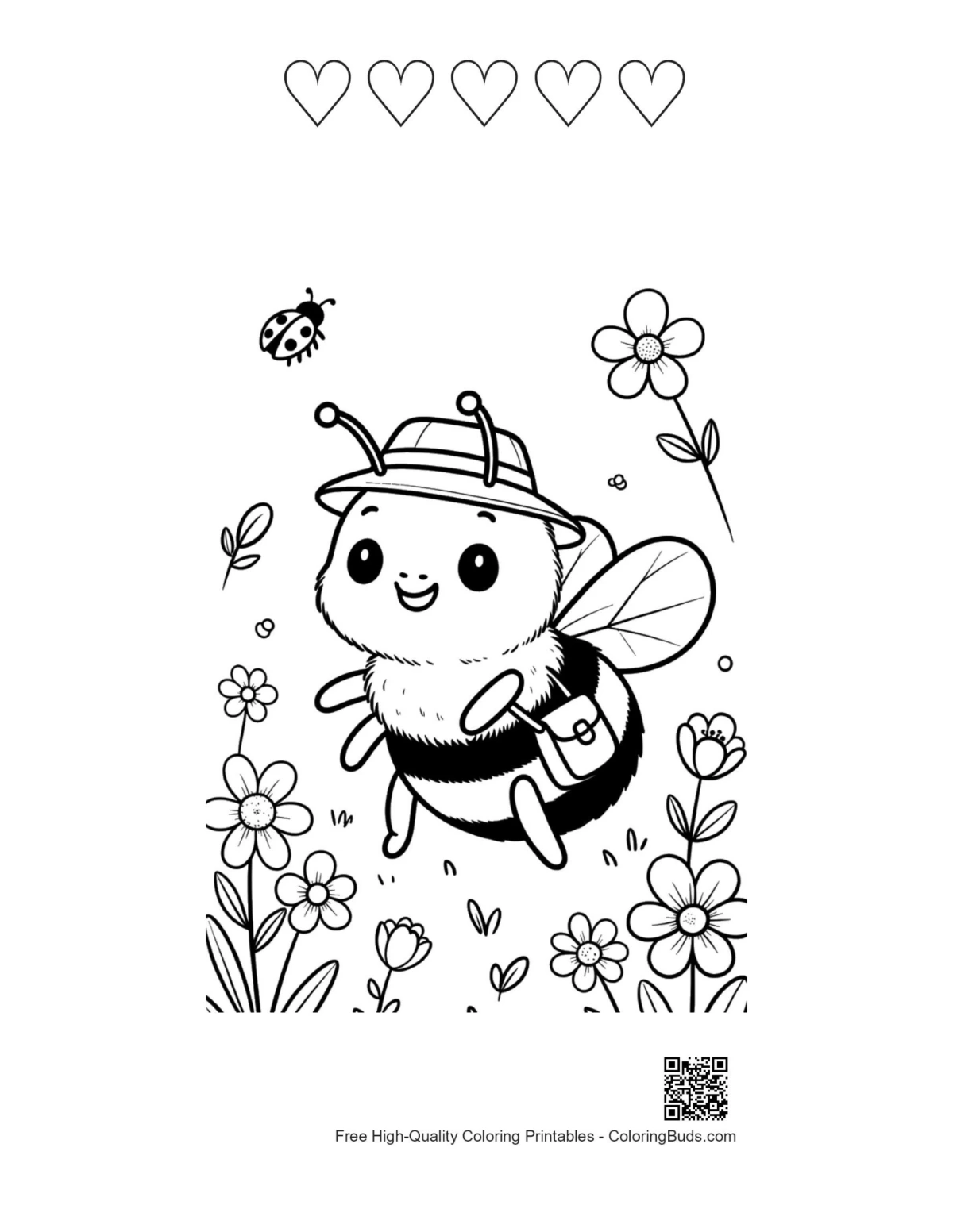 Easy honey bee printable with 5 heart outlines