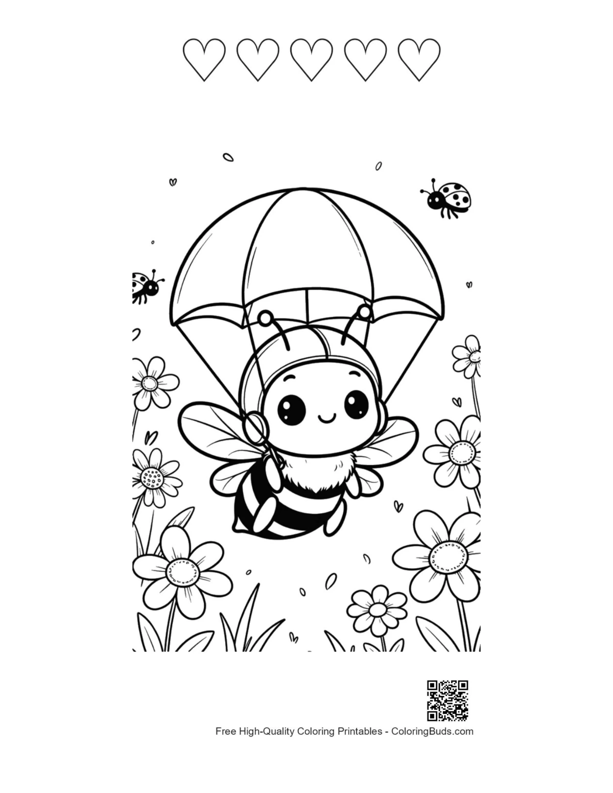 Printable honey bee with heart outlines for coloring