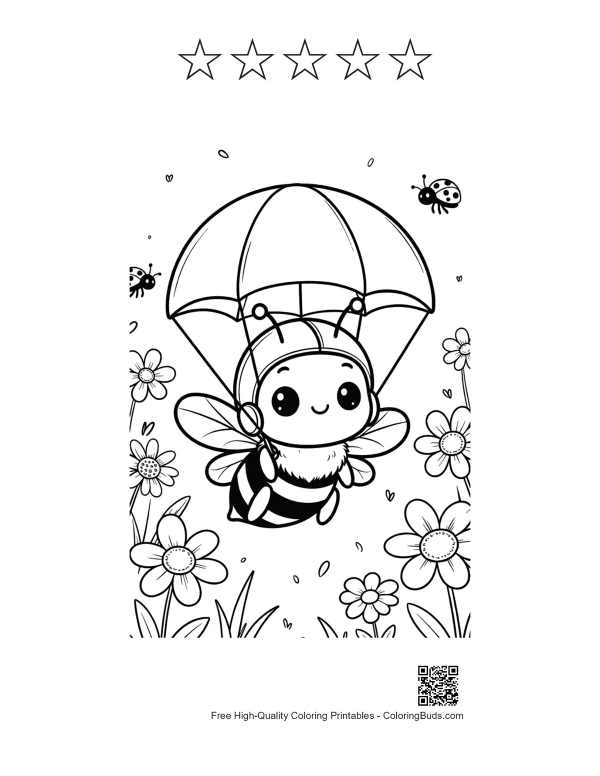 Easy honey bee with 5 stars coloring printable
