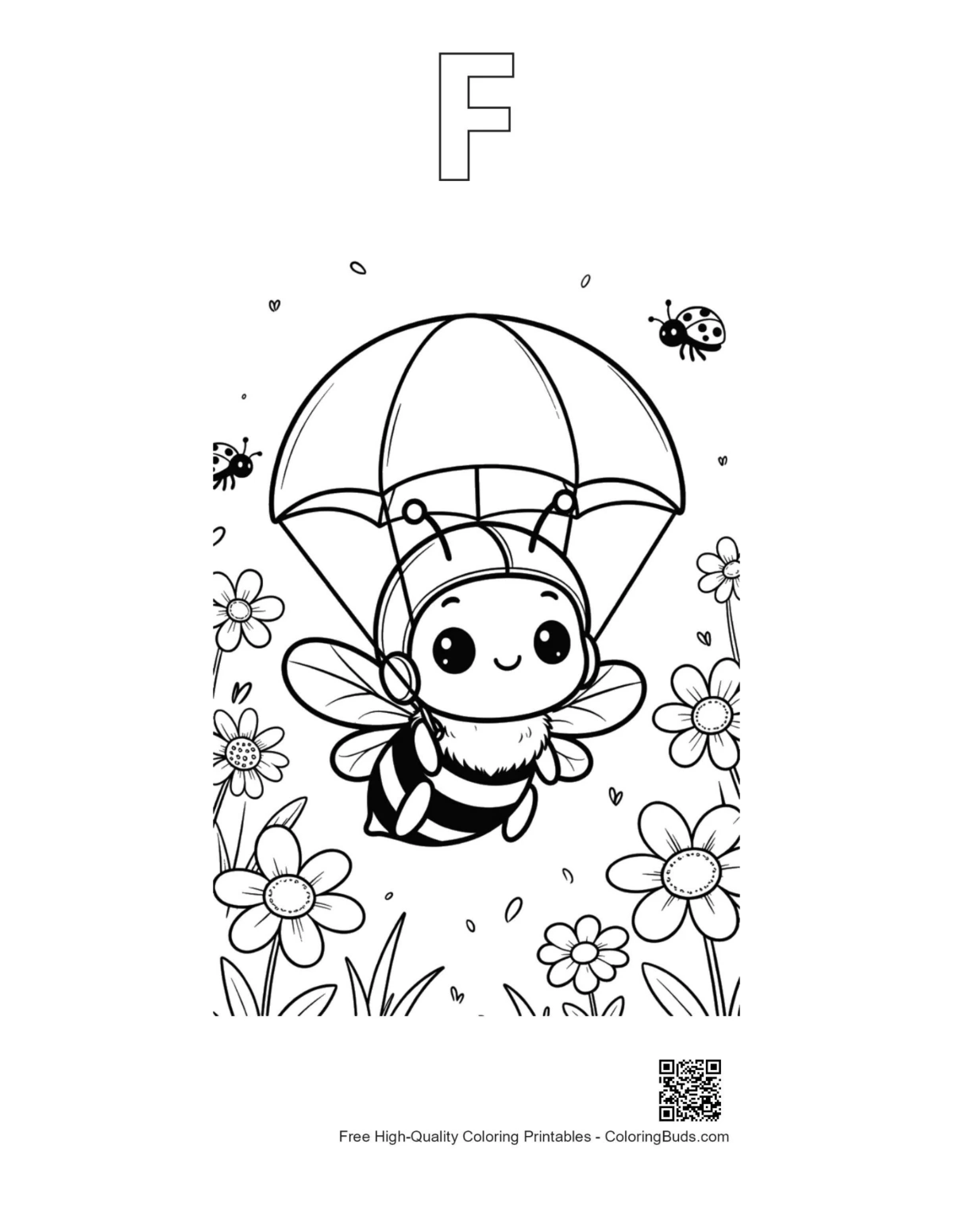 Honey bee coloring printable with alphabet F outline