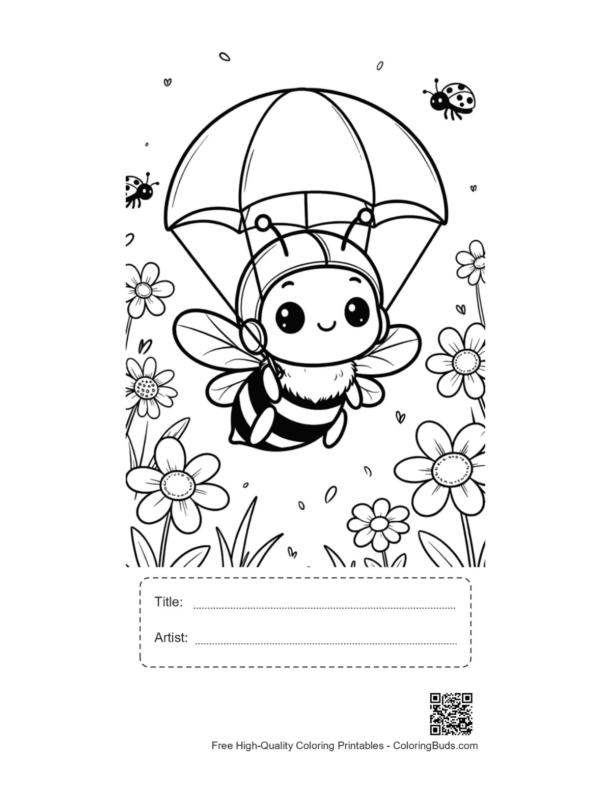 Printable honey bee page with title artist box