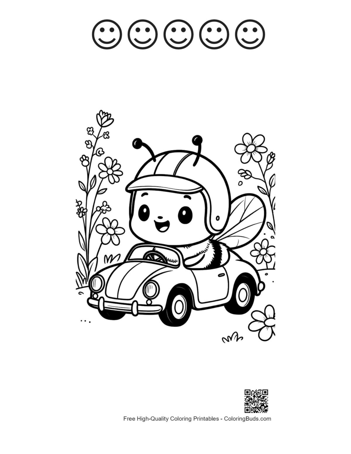 Honey bee coloring with 5 happy face outlines