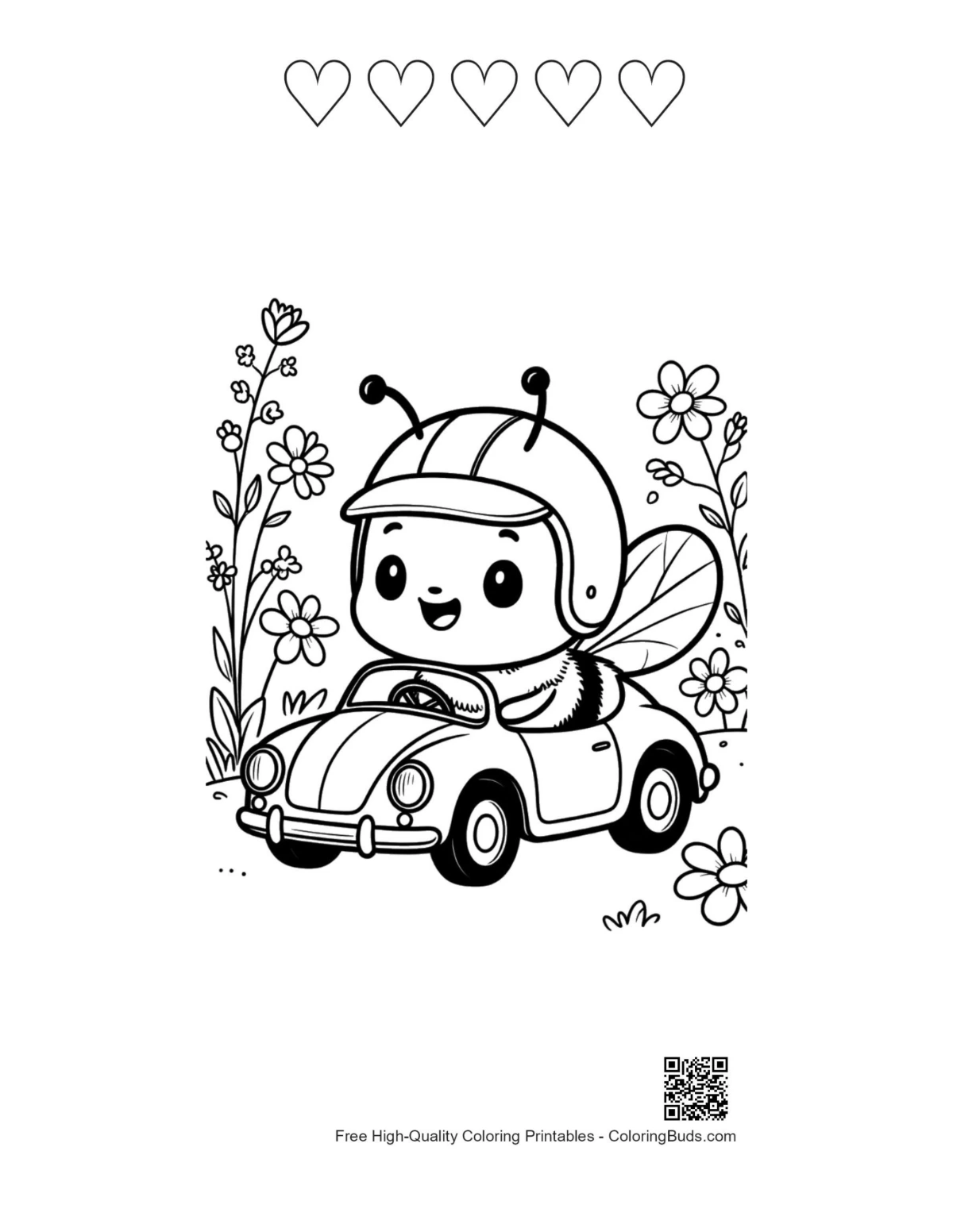 Honey bee printable featuring 5 heart outlines