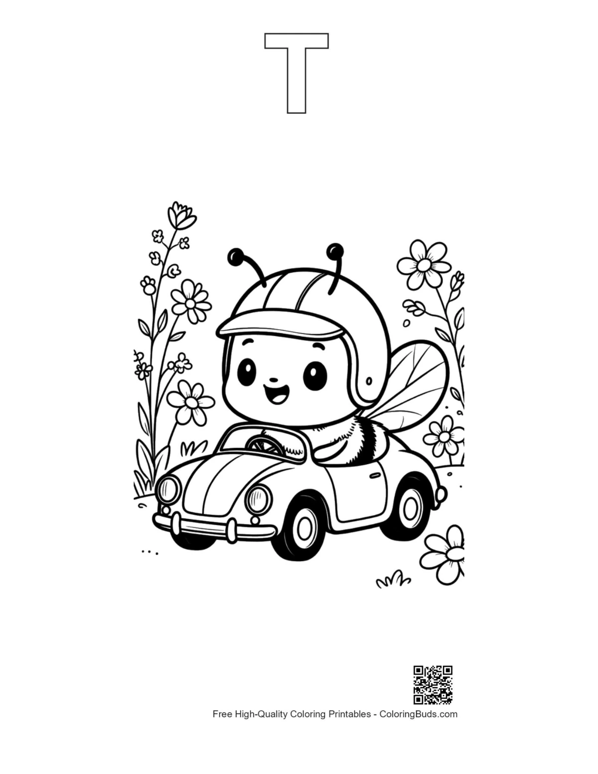 Honey bee coloring page with alphabet T outline