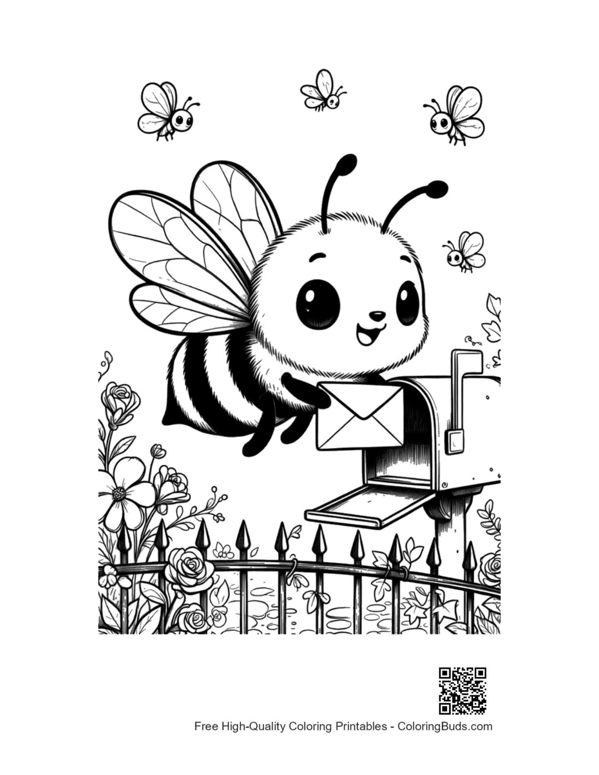 Friendly bumble bee secret message birdhouse coloring page