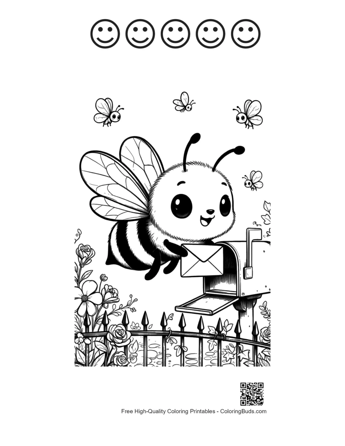 Bumble bee birdhouse 5 happy faces outline coloring