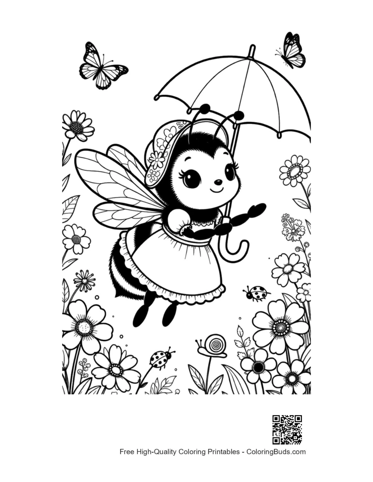 Friendly bumble bee umbrella garden flowers coloring printable