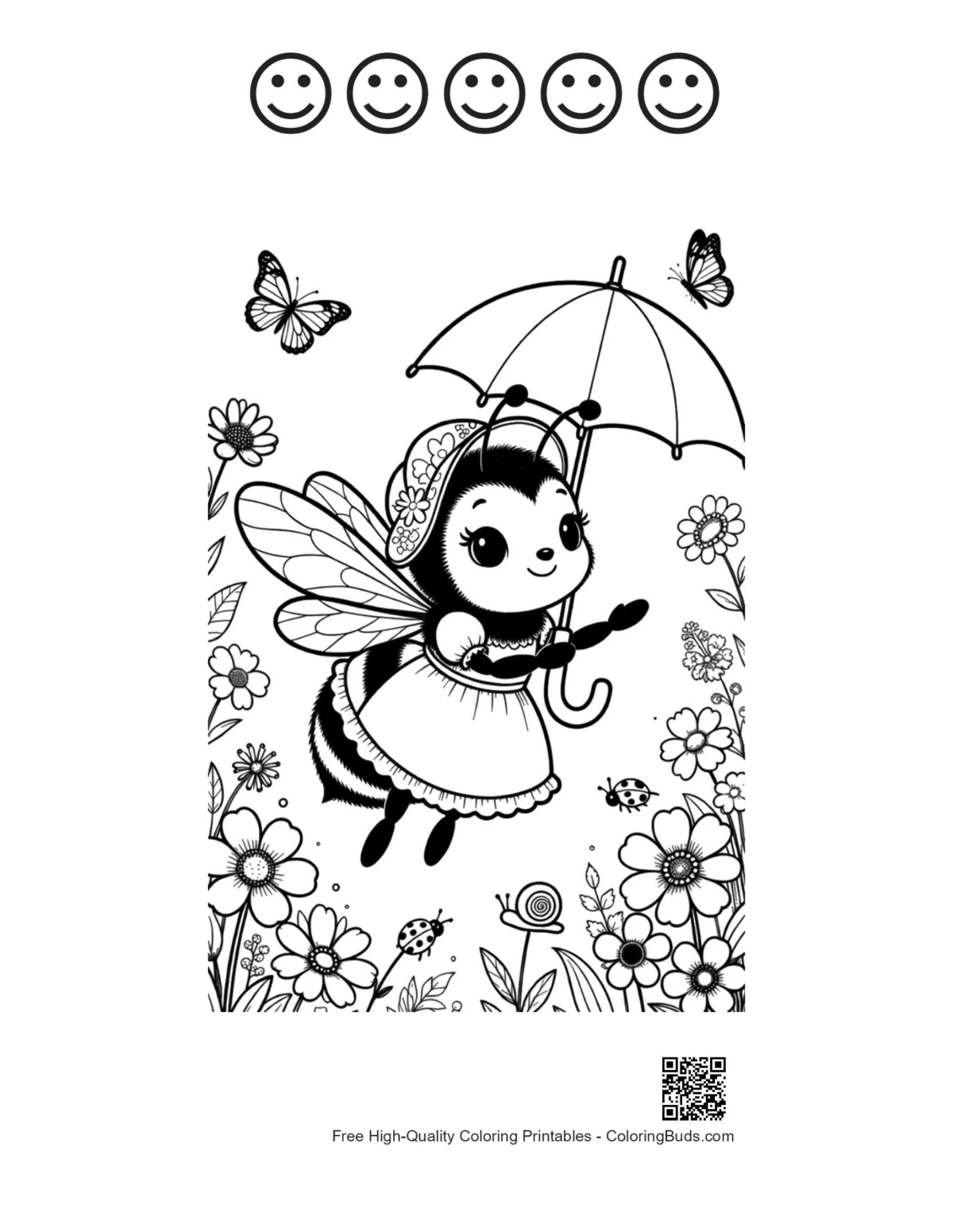 Cute bumble bee with happy faces outlines printable
