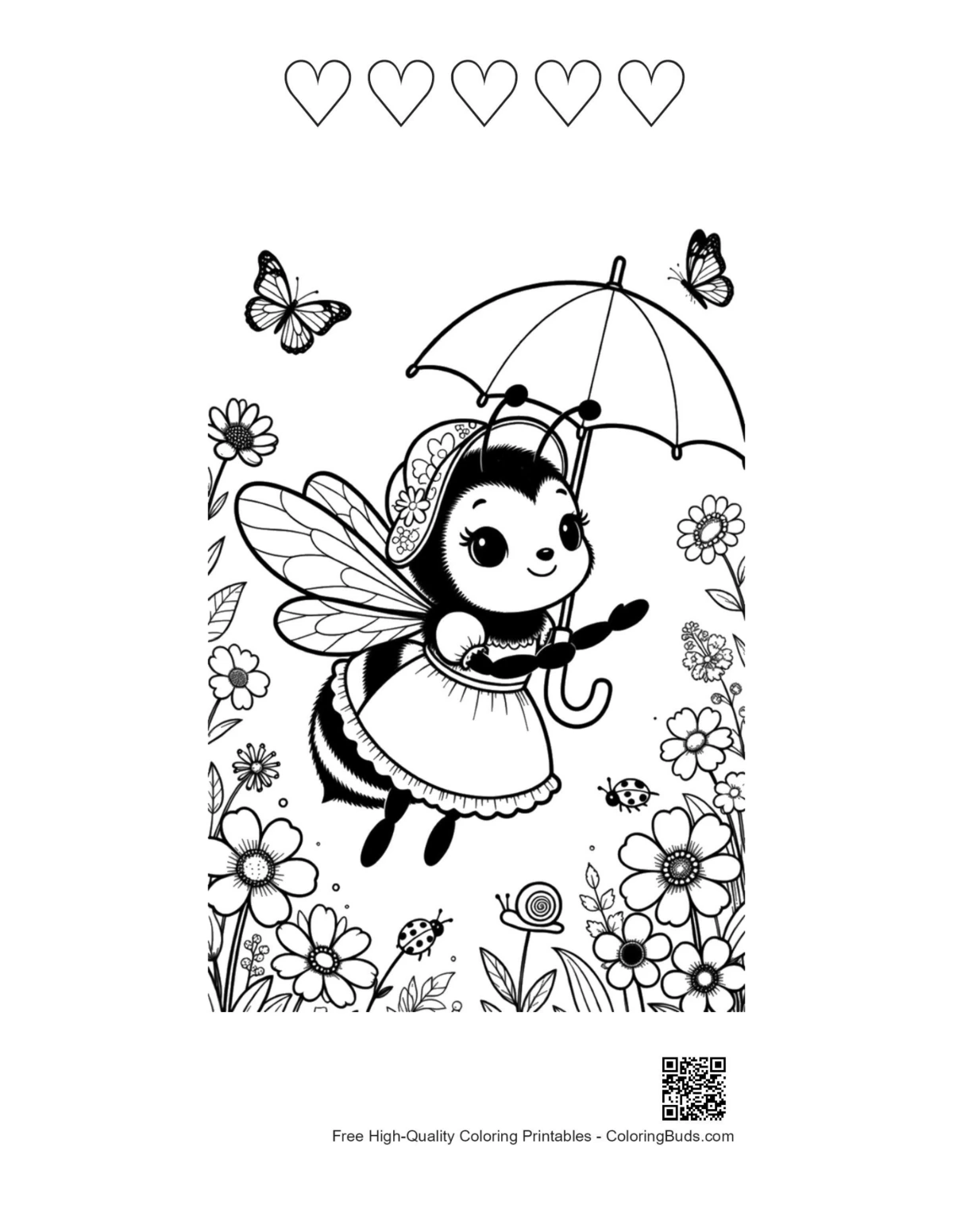 Bumble bee garden flowers hearts outlines coloring printable