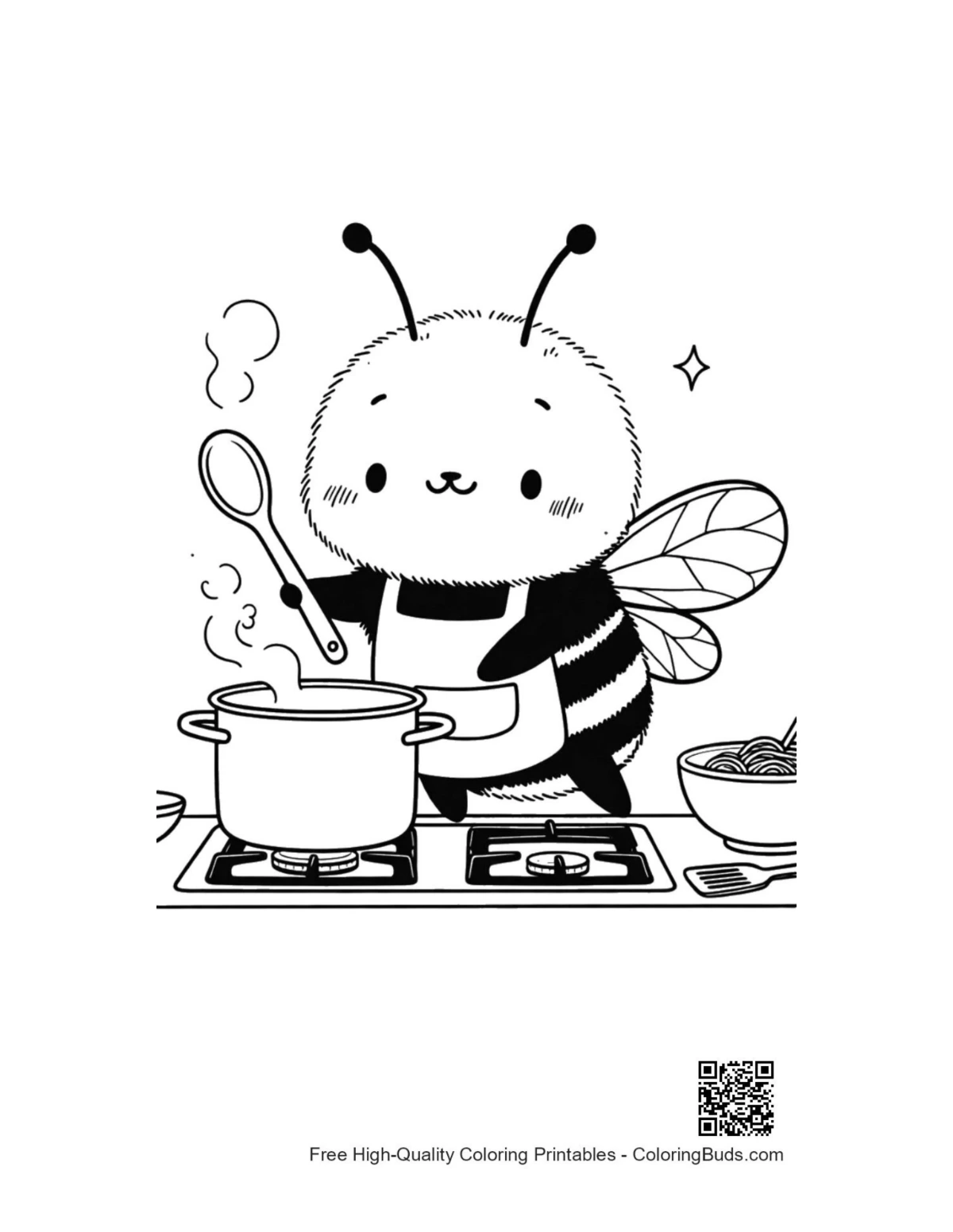 Happy bumble bee cooking in kitchen coloring printable