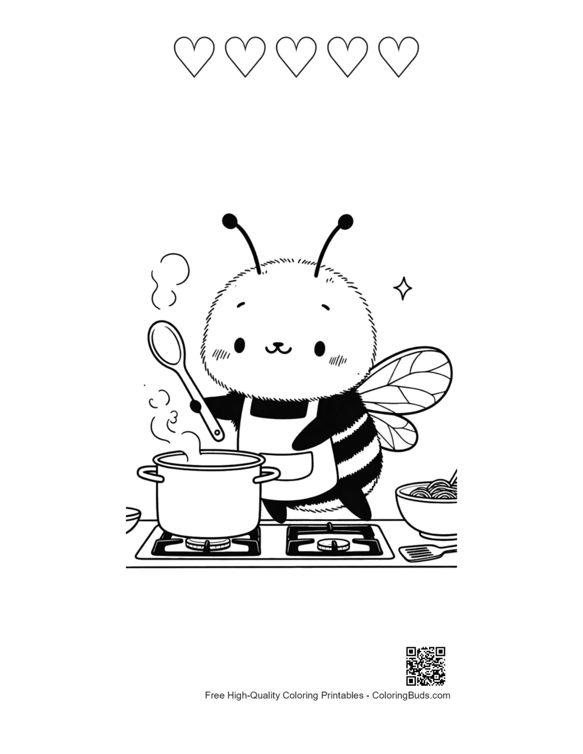Happy bee printable with 5 heart outlines