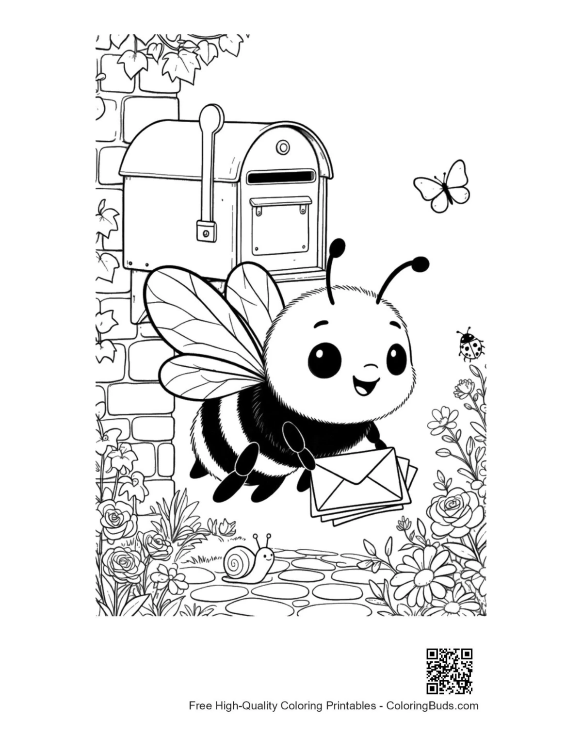 Happy bumble bee postman with letter outdoors coloring page