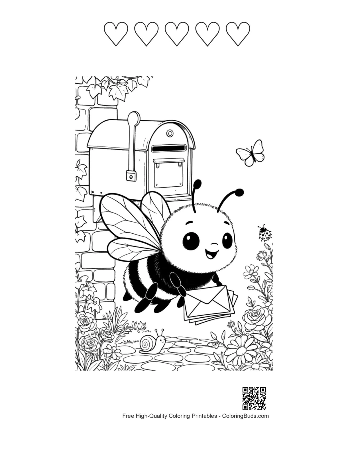 Bumble Bee postman printable featuring 5 heart outlines