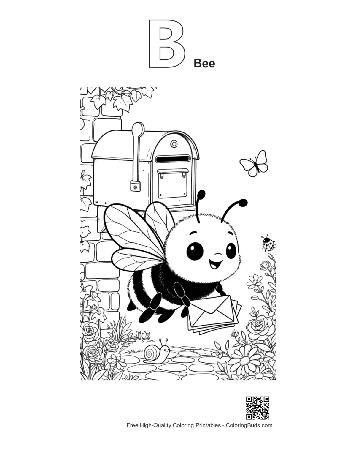 Bumble Bee postman coloring page with B alphabet outline