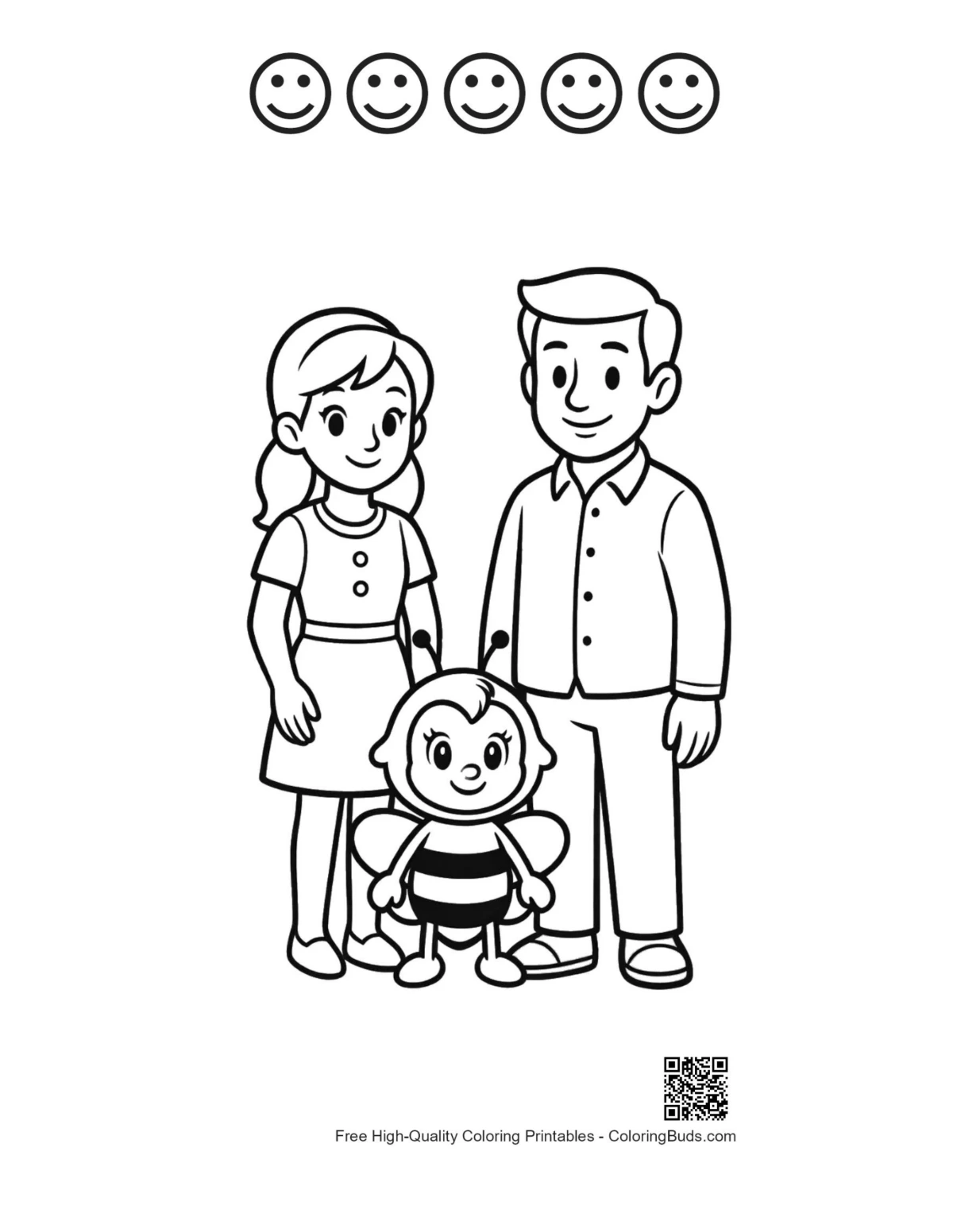 Honey bee family portrait with happy faces outline
