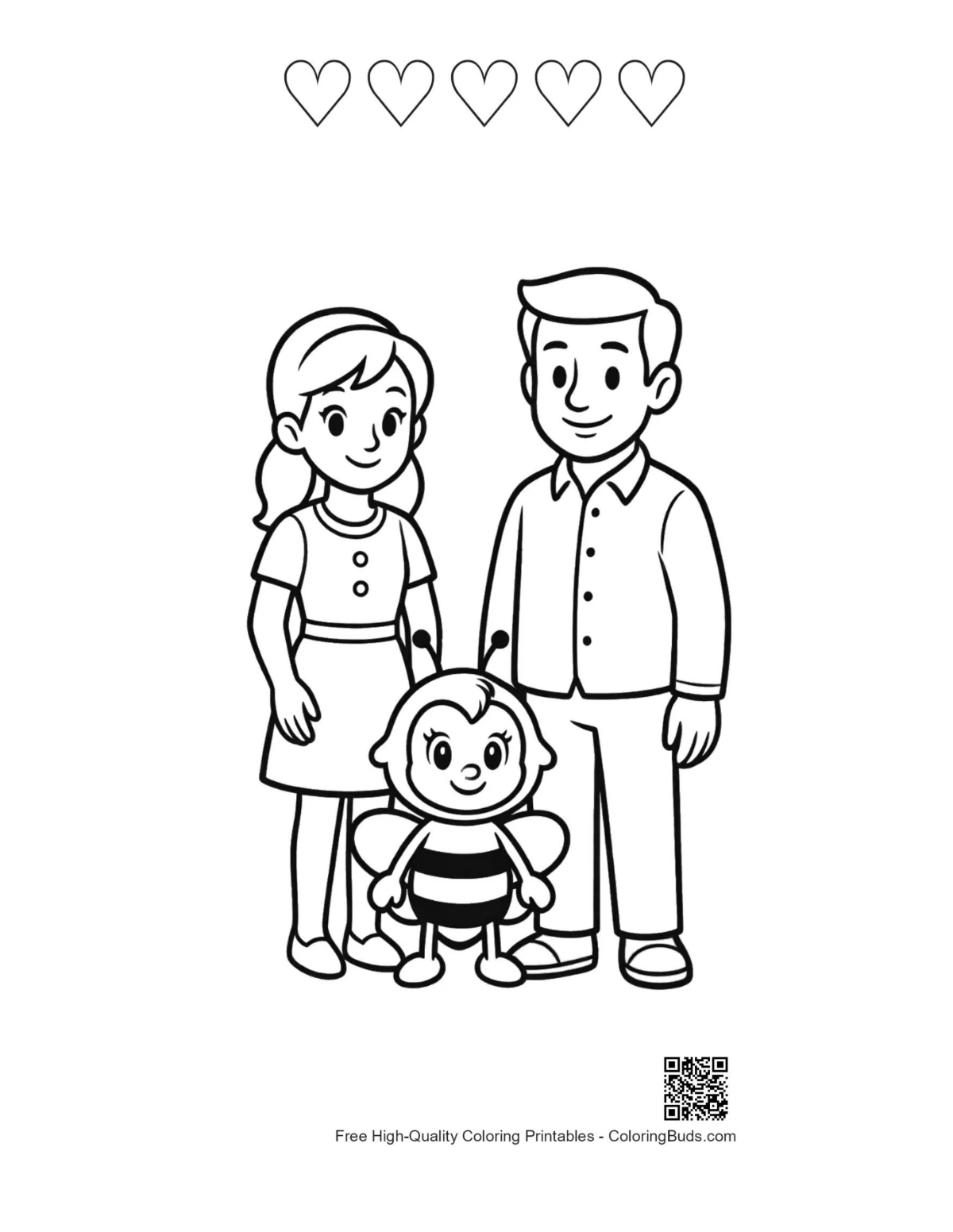 Honey bee family portrait with heart outlines printable