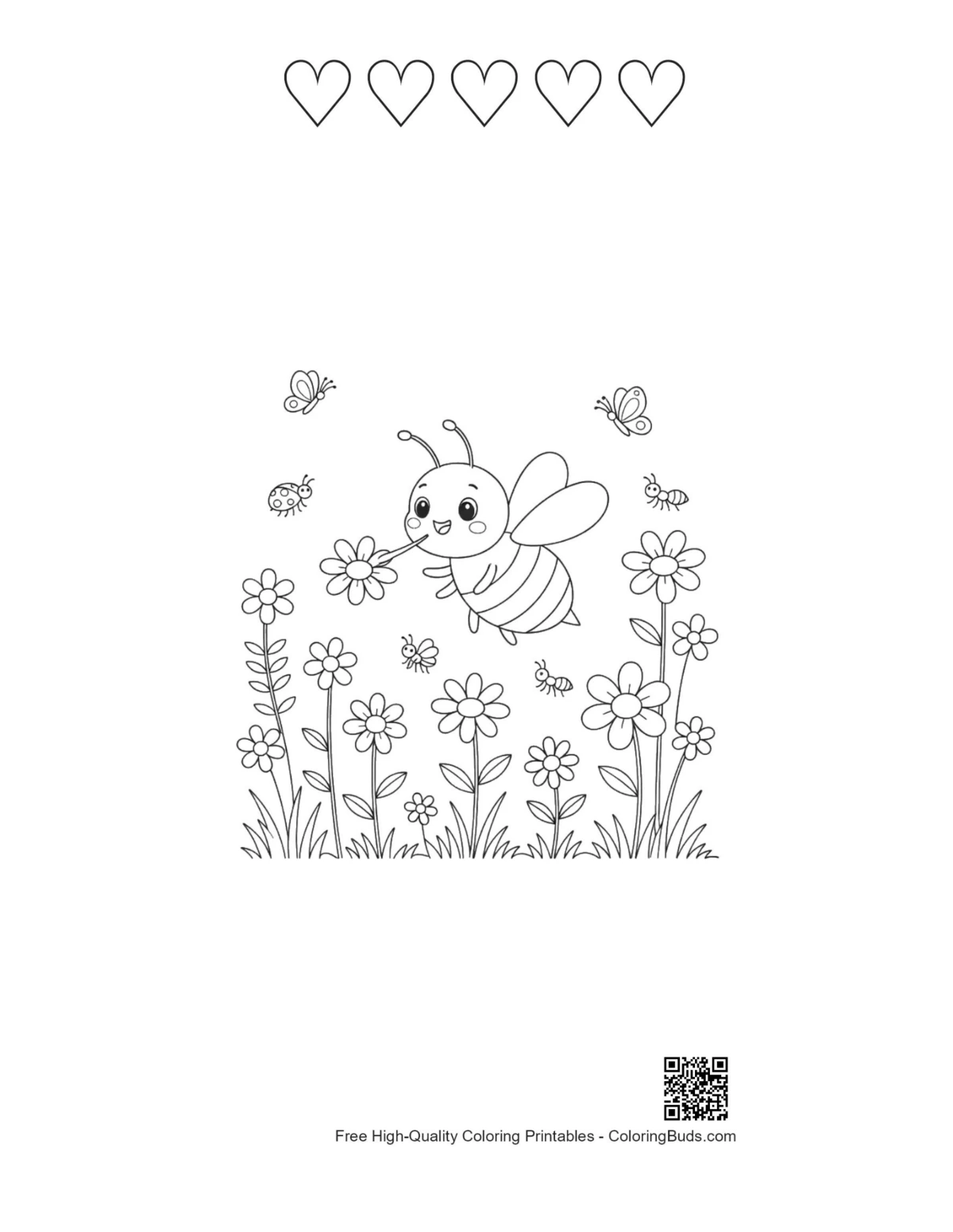 Honey bee with 5 hearts outline coloring printable