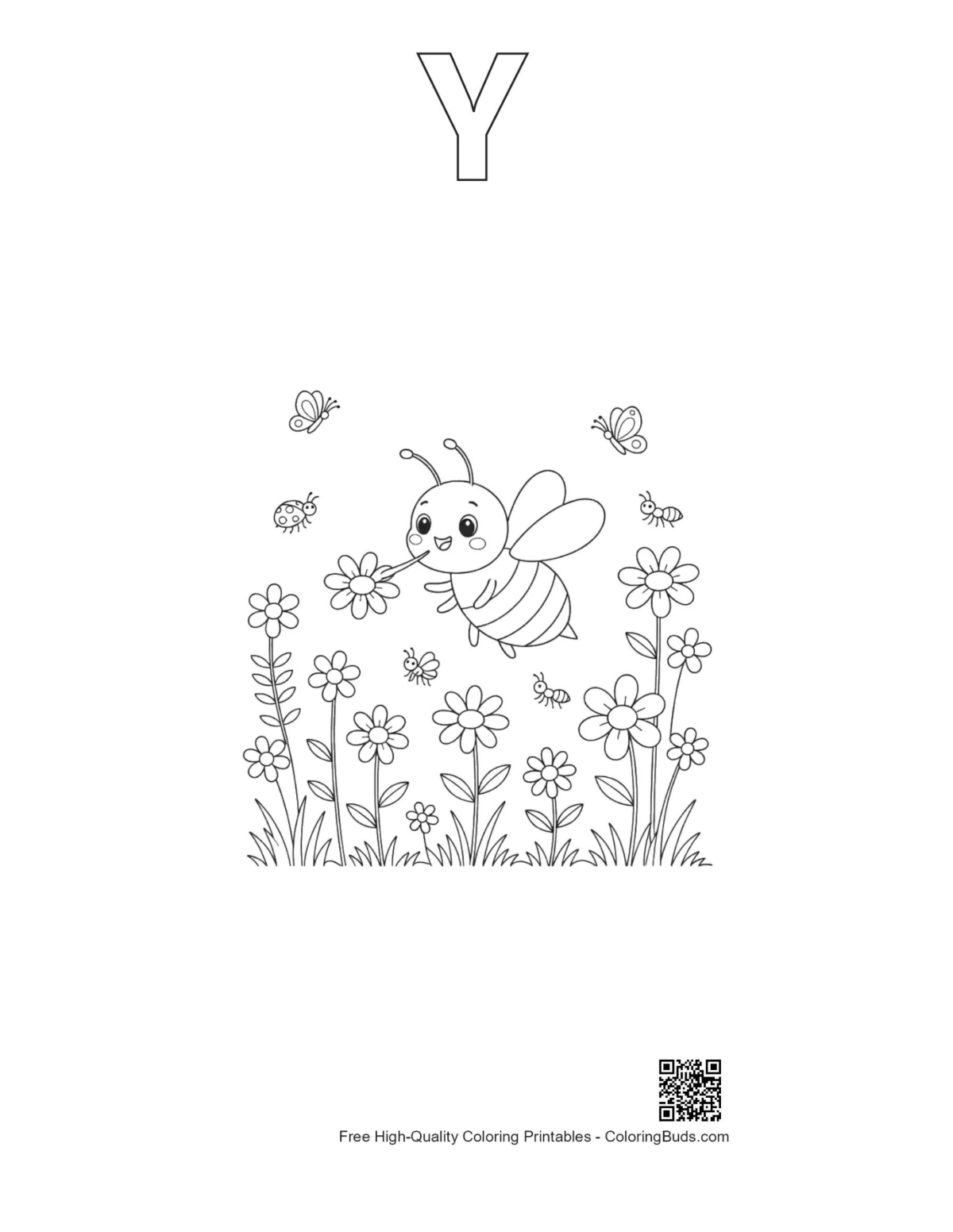 Honey bee alphabet Y outline printable