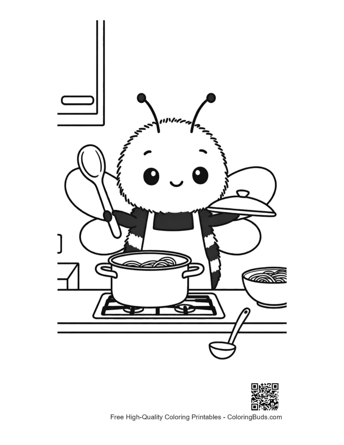 Cute bumble bee chef stirring pot printable coloring page