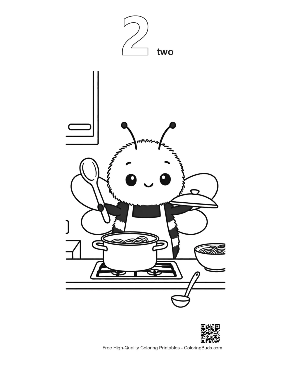 Bee chef stirring pot outline number 2 coloring printable