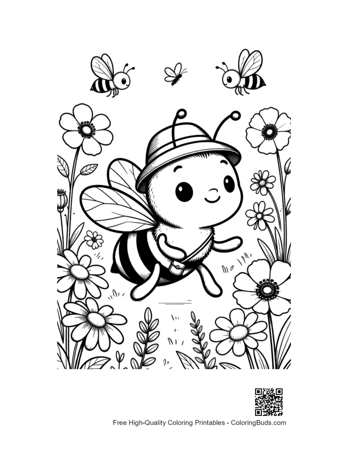 Cute little bee explorer hat flowers printable coloring