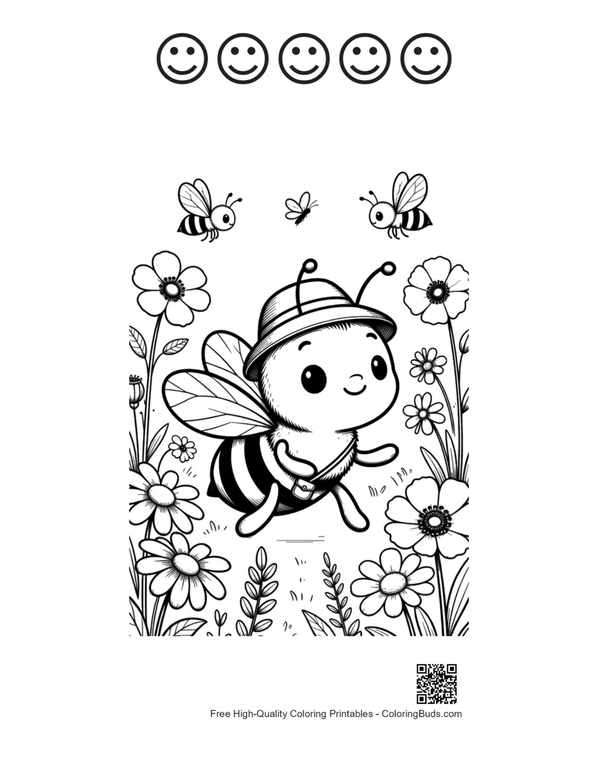 Little bee hat flowers printable 5 happy faces outline