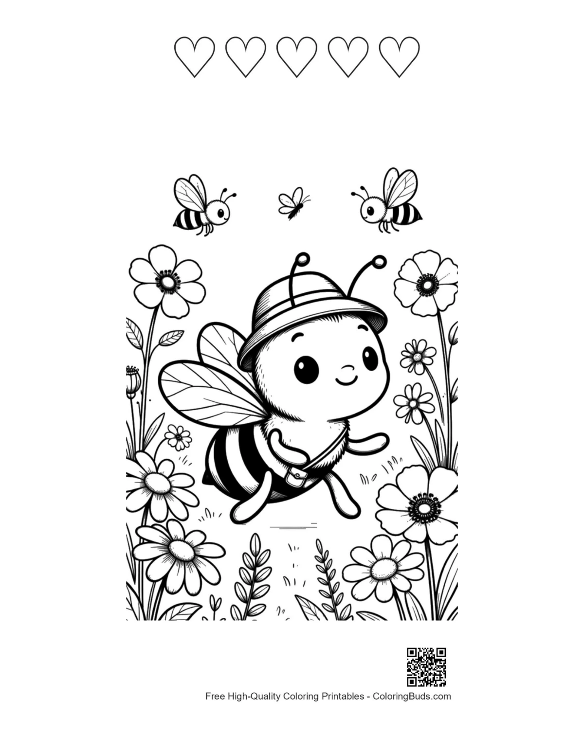Bee explorer flowers hat printable with 5 hearts outline