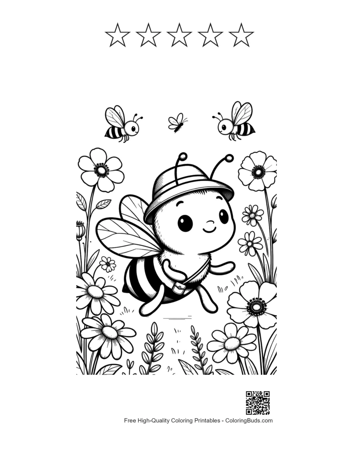 Bee explorer hat flowers printable with 5 stars outline