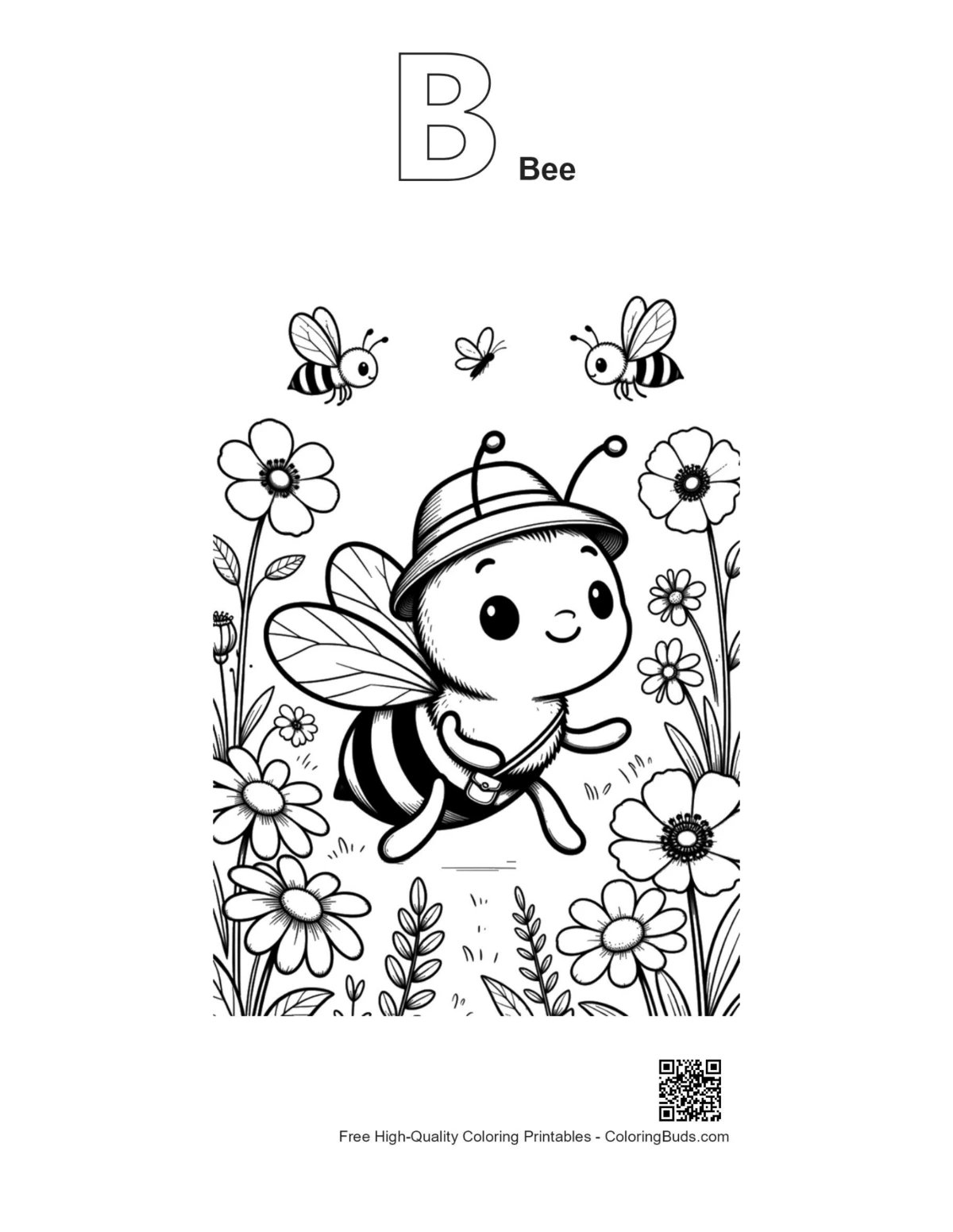 Bee explorer hat flowers outline alphabet B printable