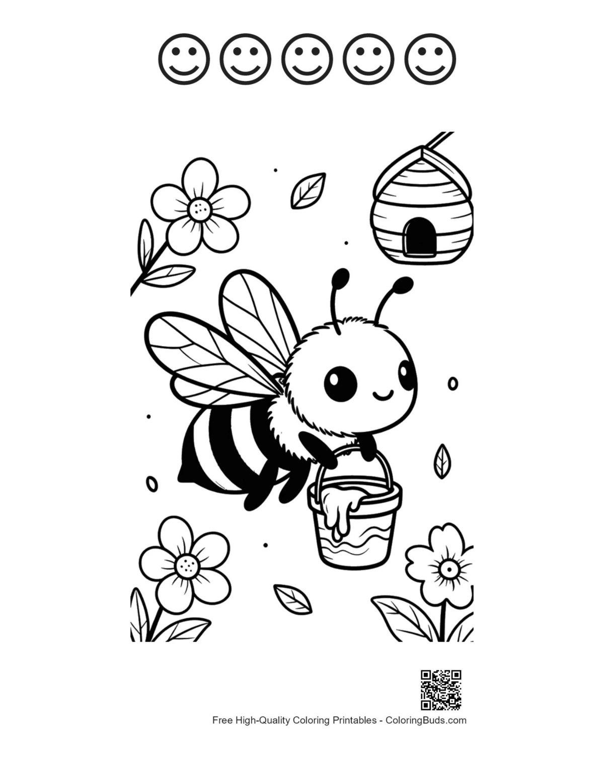 Cute bee honey jar with 5 happy faces outline