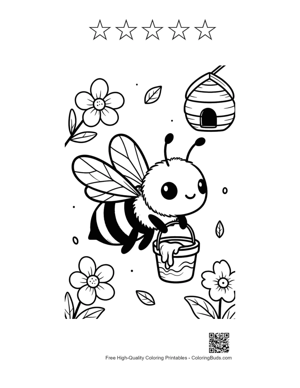 Bee holding honey jar with 5 star outlines printable