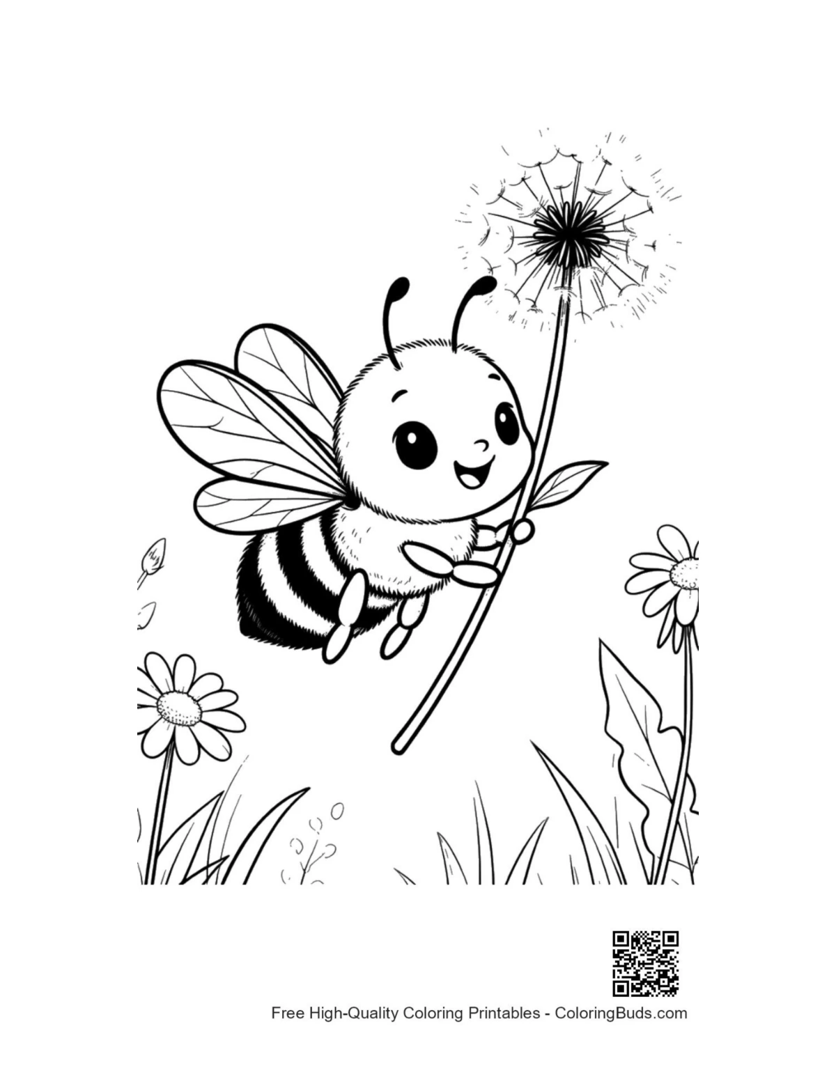 Cute honey bee dandelion meadow coloring printable