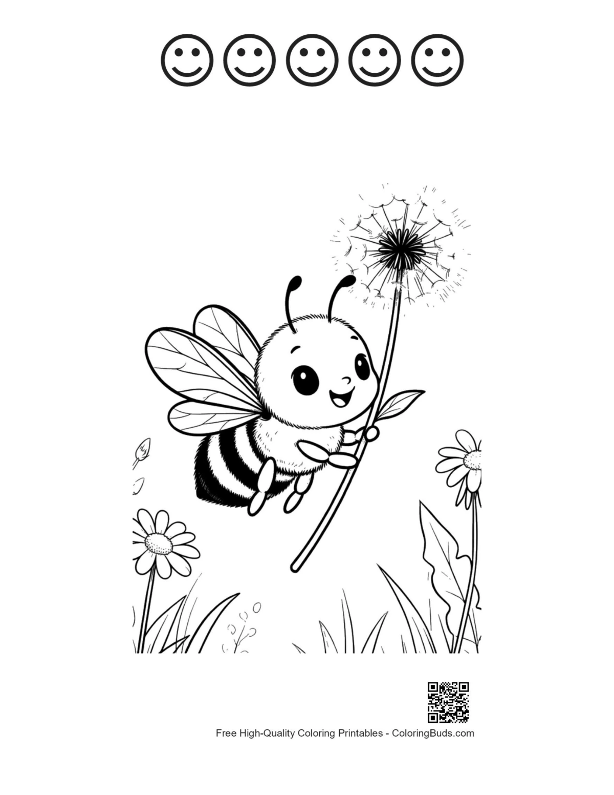 Bee dandelion meadow 5 happy faces outline page