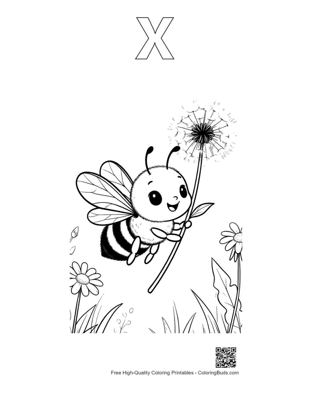 Bee dandelion meadow alphabet X outline printable