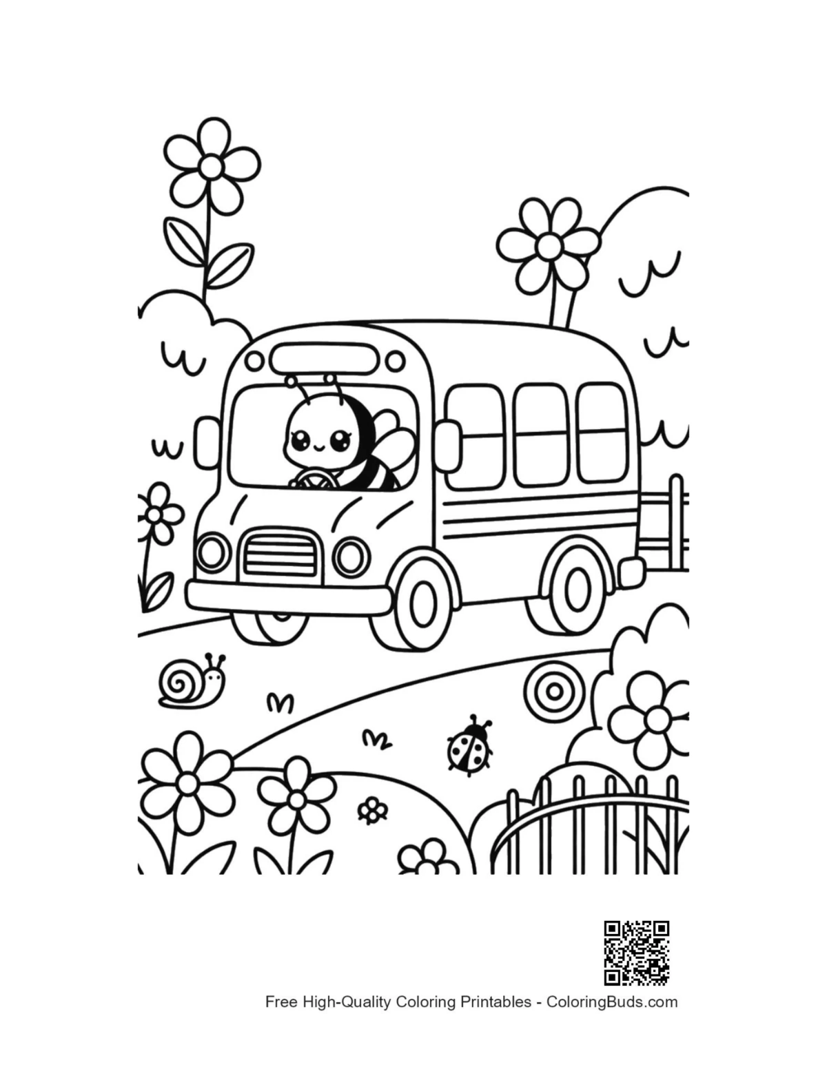 Cute bumble bee peeking from school bus window coloring page