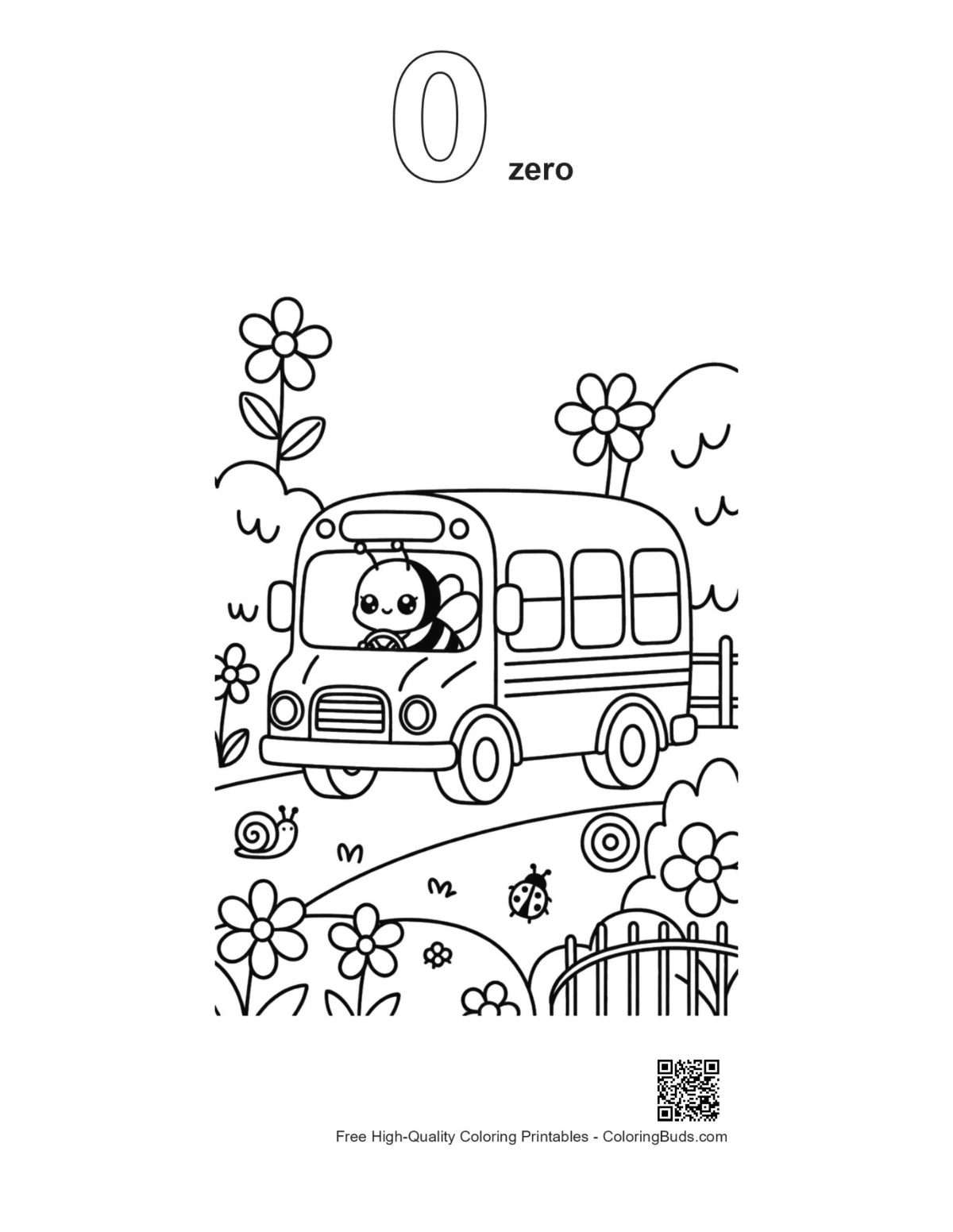 Bumble Bee school bus outline with number 0 coloring page