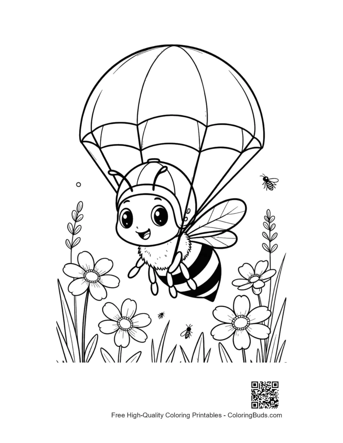 Little honey bee parachute landing printable coloring page