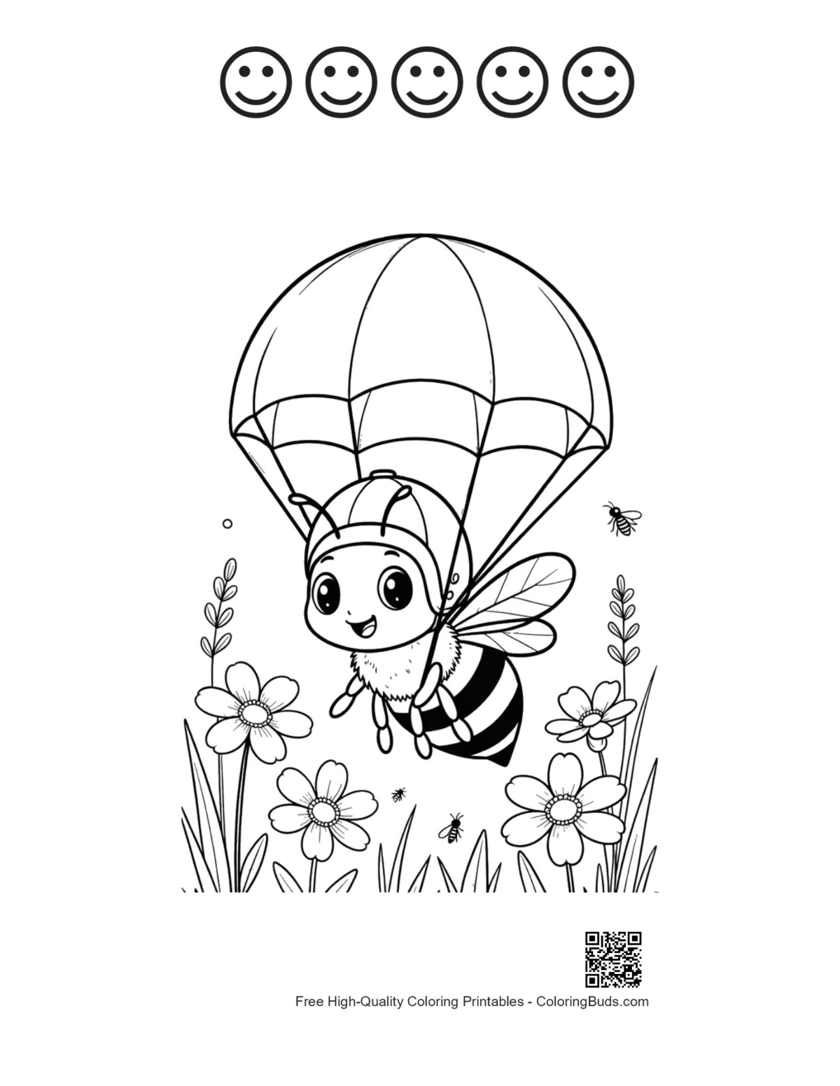 Honey bee parachute with 5 happy faces outline printable