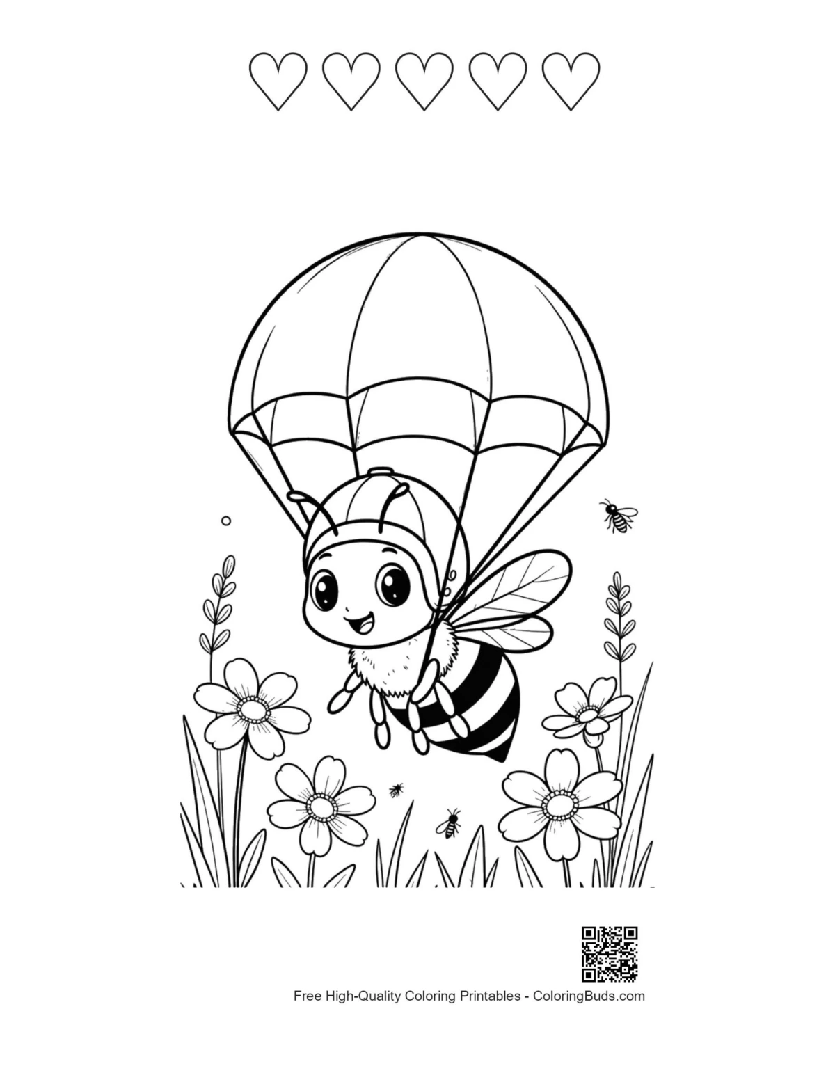 Cute honey bee parachute landing with heart outlines