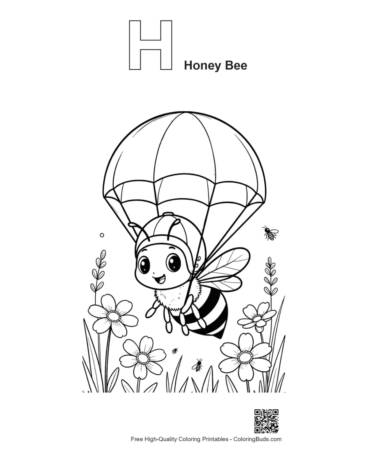 Honey bee parachute outline with alphabet H printable